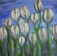 Schilderij tulpen blauw met wit