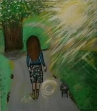 Schilderij parkwandeling vrouw met hond